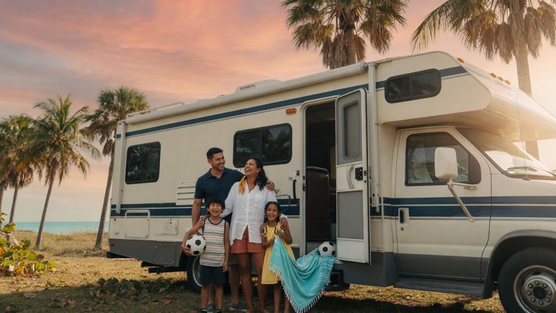 A family standing at their Class C motorhome under Miami palms before a weekend trip.