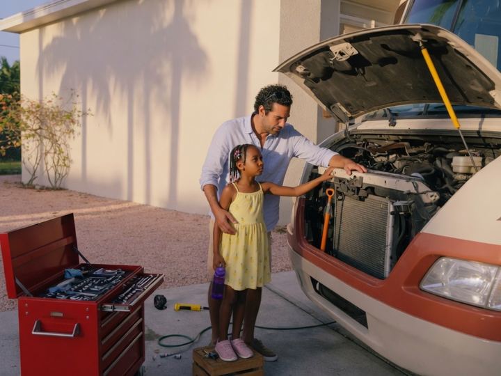 A dad and daughter checking an RV engine bay in a Doral driveway, toolbox open beside them.