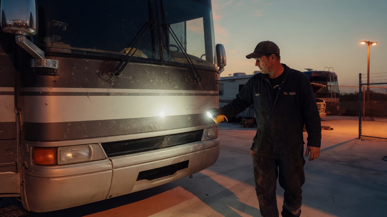 A technician with a flashlight inspecting a Class A motorhome on the Doral yard at dusk.