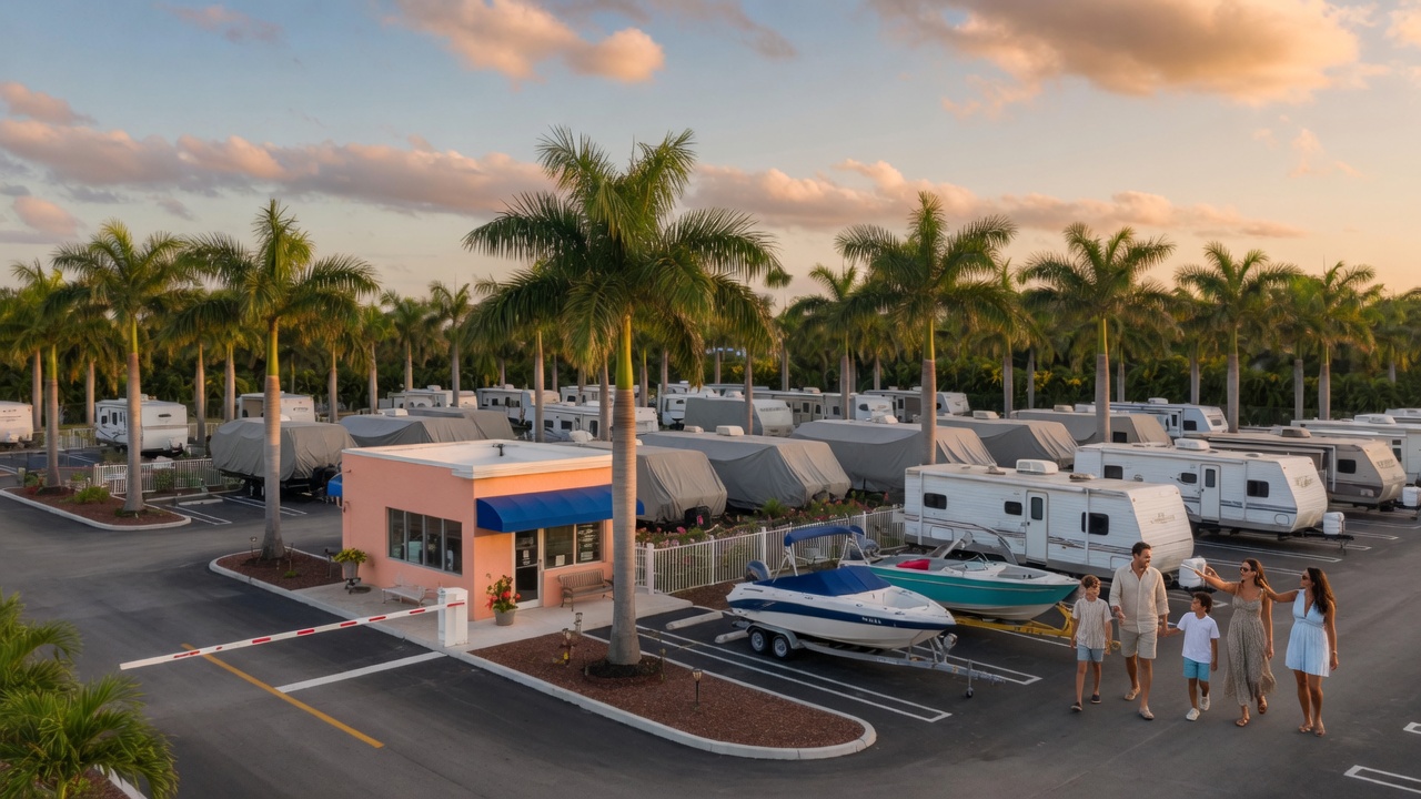 Families walking the Tour America RV storage lot in Doral among motorhomes, boats, and palms.