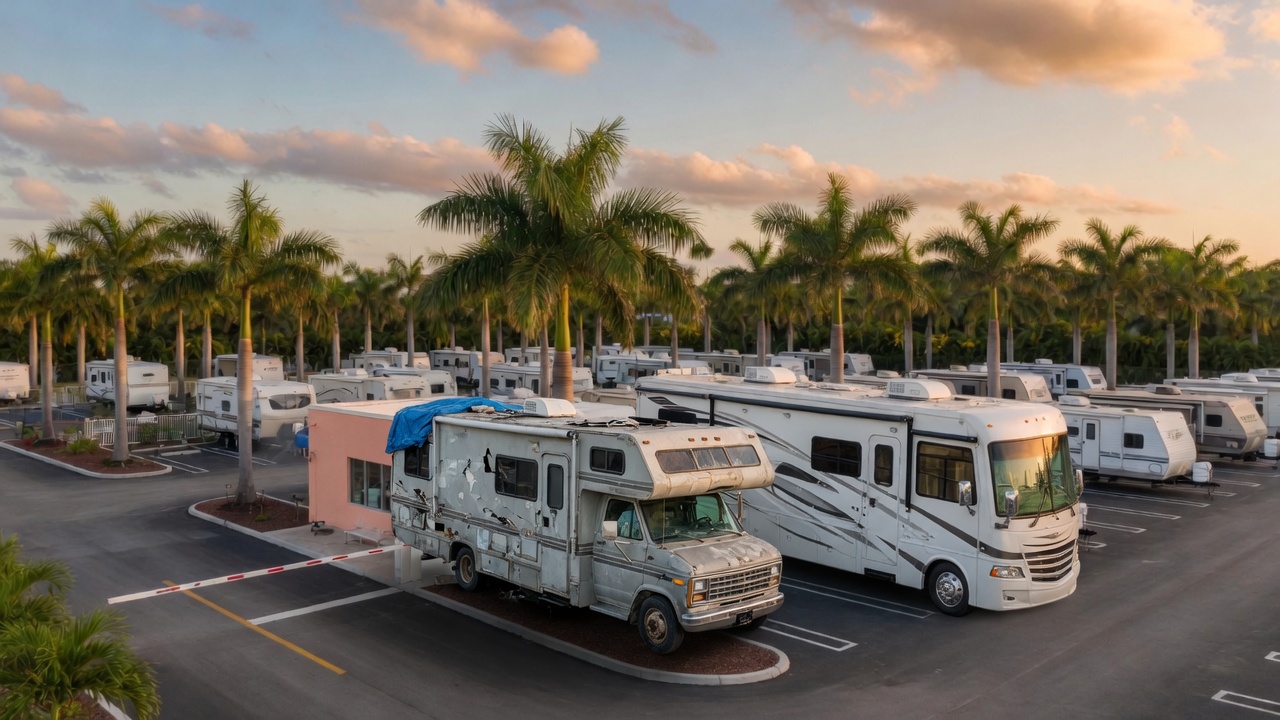 An older faded motorhome parked beside a newer Class A at the Tour America Doral lot.
