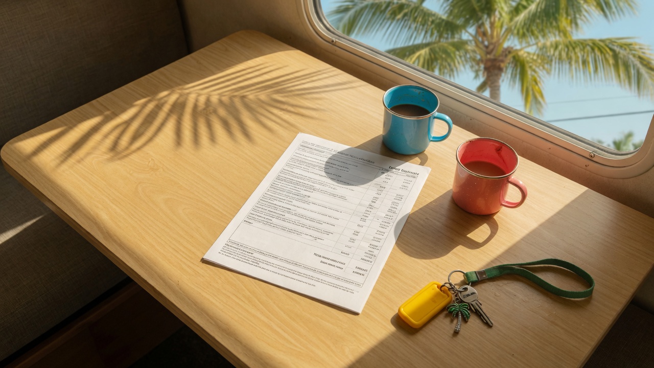 A repair estimate and keys on an RV dinette with palm trees outside the window.