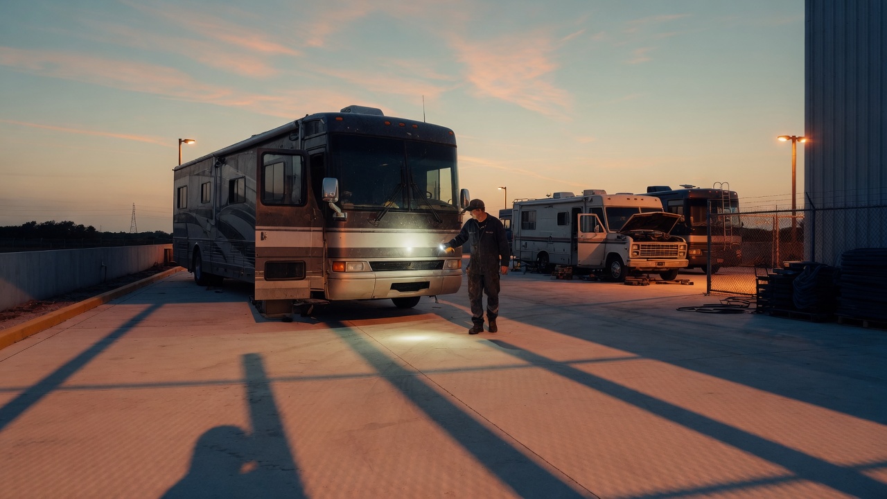 A technician with a flashlight checking a motorhome on the Tour America yard at dusk.