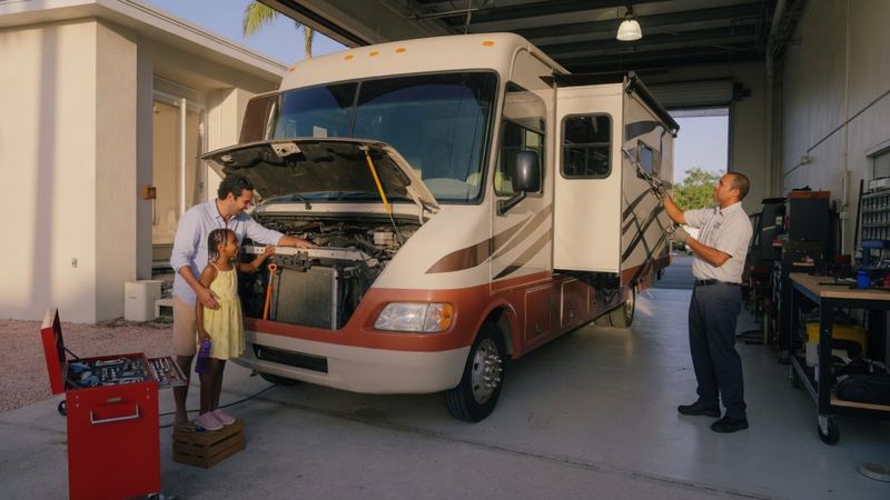 A Tour America technician inspecting a slide-out while a family looks on in the Doral repair bay.