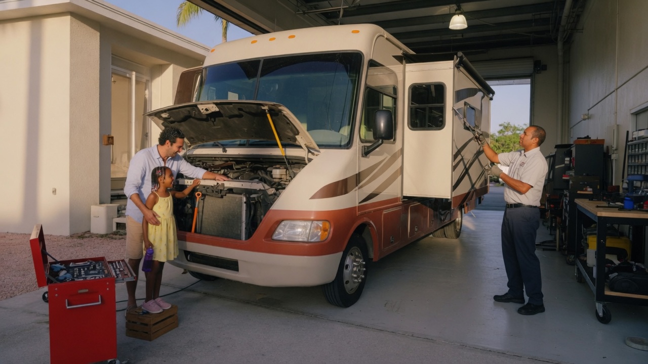 A Tour America technician inspecting a slide-out while a family looks on in the Doral bay.