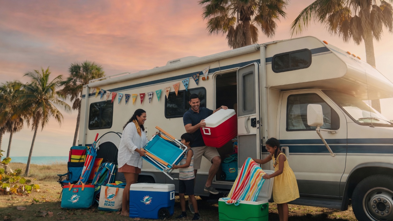 A family loading coolers and chairs into a Class C motorhome under Miami palms.