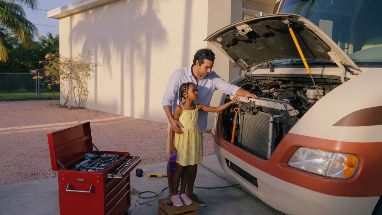A dad and daughter checking an RV engine bay in a Doral driveway, toolbox open beside them.