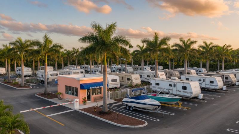 Tour America RV storage lot in Doral at sunset, peach office, palms, coaches and boats.