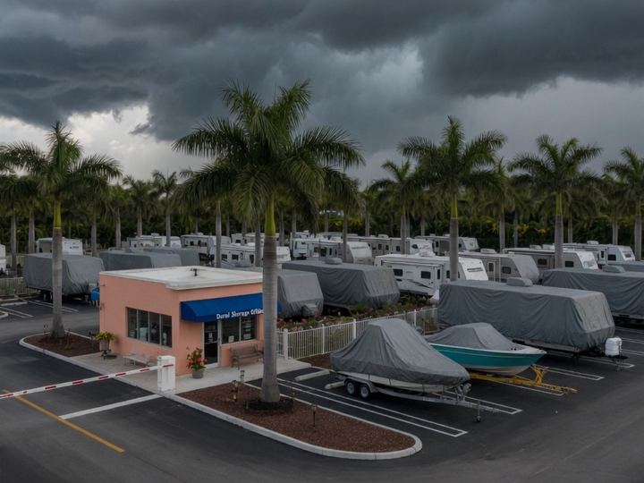 Tour America Doral storage lot under storm clouds, coaches and boats.