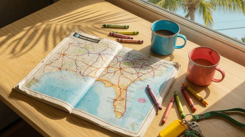 An RV dinette with a Florida map, coffee mugs, keys, and crayons in the sun.