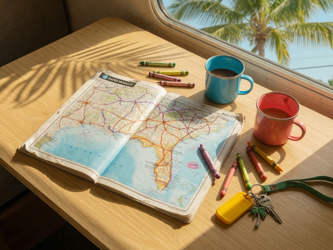 An RV dinette with a Florida map, coffee mugs, keys, and crayons in the sun.