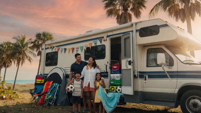 A Latino family packed and ready beside their Class C motorhome under Miami palms.