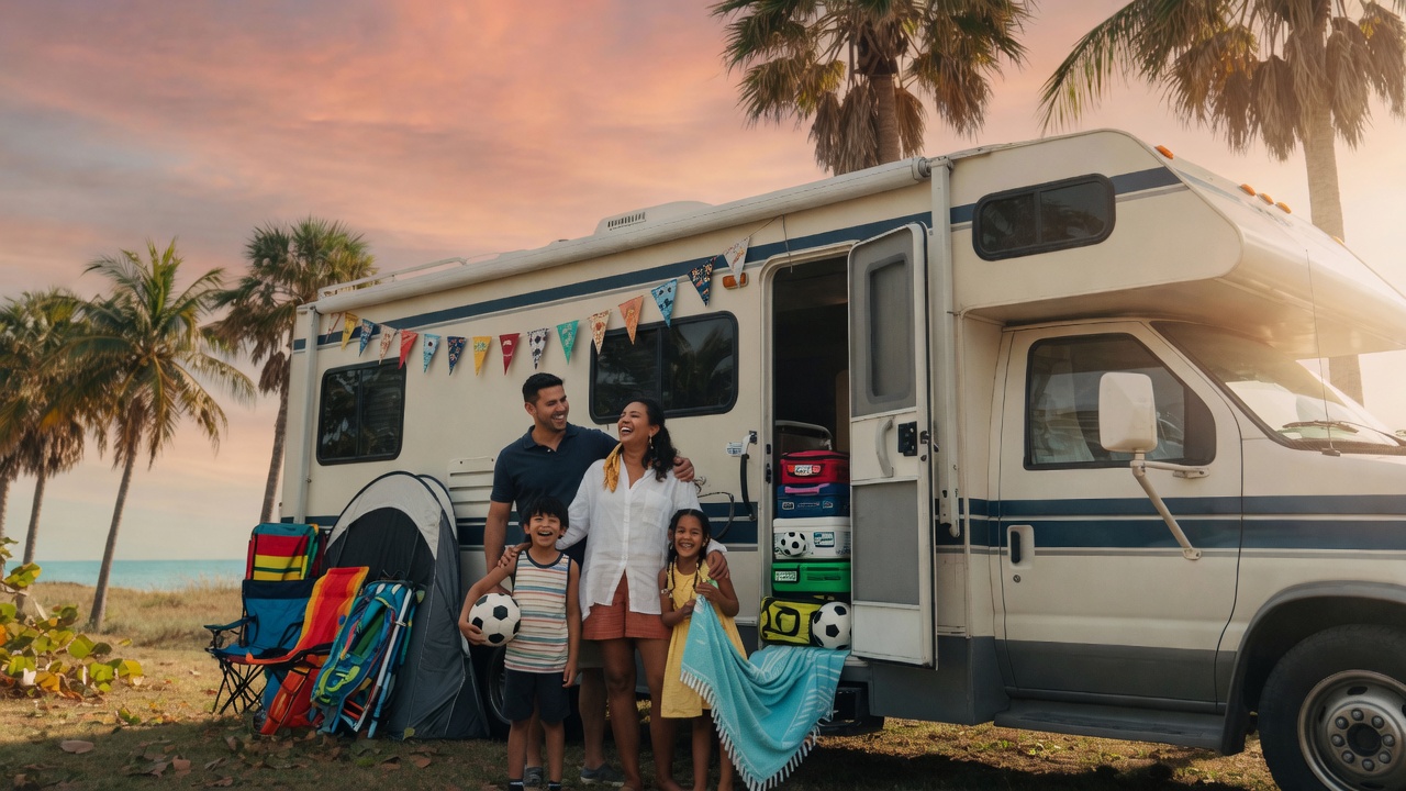 A Latino family packed and ready beside their Class C motorhome under Miami palms.