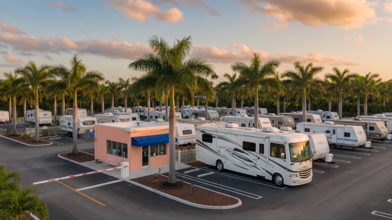A well-kept motorhome in the Tour America Doral storage lot, peach office and palms behind it.