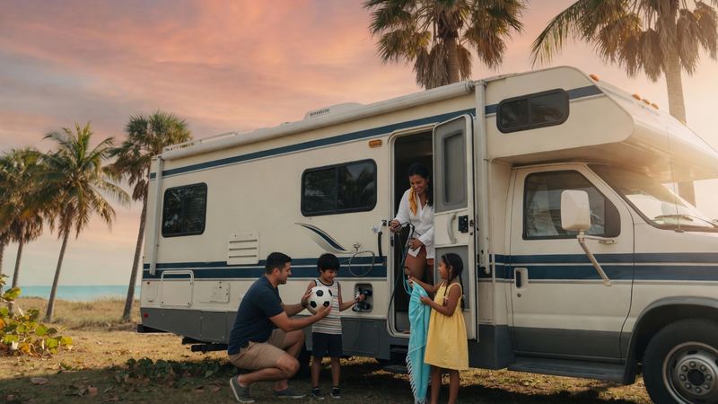 A family filling the fresh-water tank on their Class C motorhome before a Miami trip.