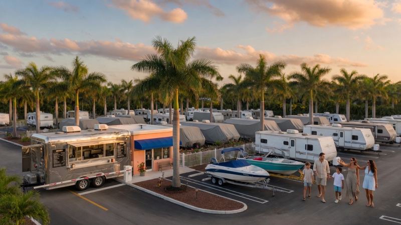 A food-service trailer and boats parked among RVs at the Tour America Doral storage lot.