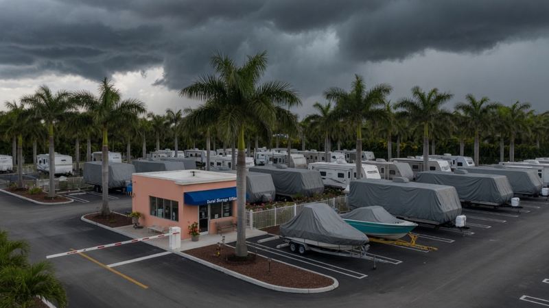 Tour America Doral storage lot under storm clouds, coaches and boats.