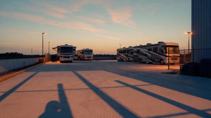 Motorhomes parked on a Doral storage yard at sunset, ready for seasonal service.
